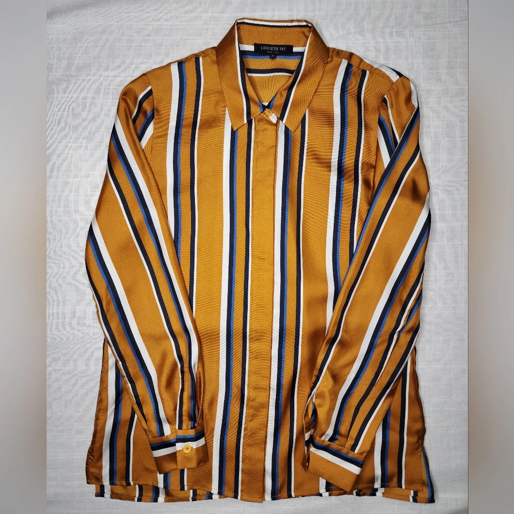 Lafayette 148 New York Womens  Adela Silk Blouse, Gold/White/Blue - Picture 9 of 10